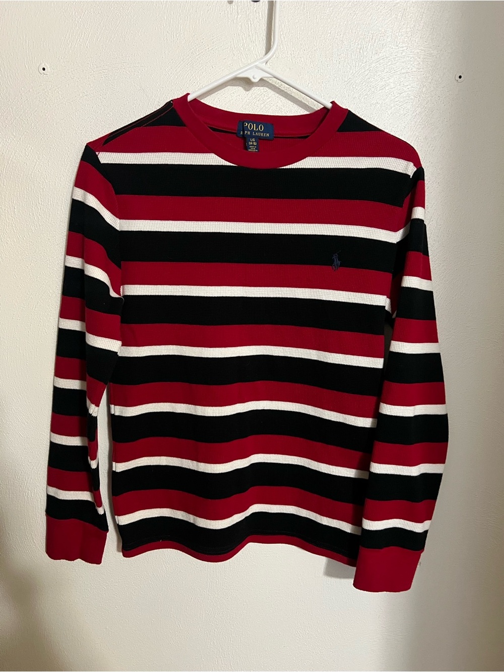 POLO RALPH LAUREN Classic Striped Casual Waffle‎ Knit Shirt Red Black Boy's Sz L